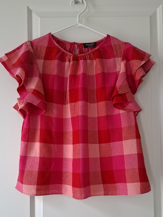 kate spade Tops - Kate Spade Pink & Red Gingham Ruffle Blouse Short Sleeve Top Linen Viscose